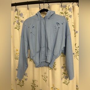 Light Blue Distressed Cropped Hoodie